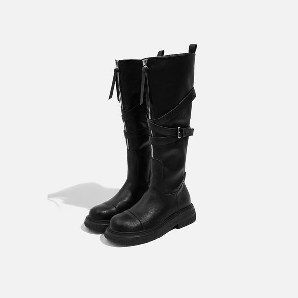 Melard Lace-Up Niche Design Long Women's Riding Height Increasing Slimming Brown Motorcycle Boots Over-the-Knee_vogvips.com