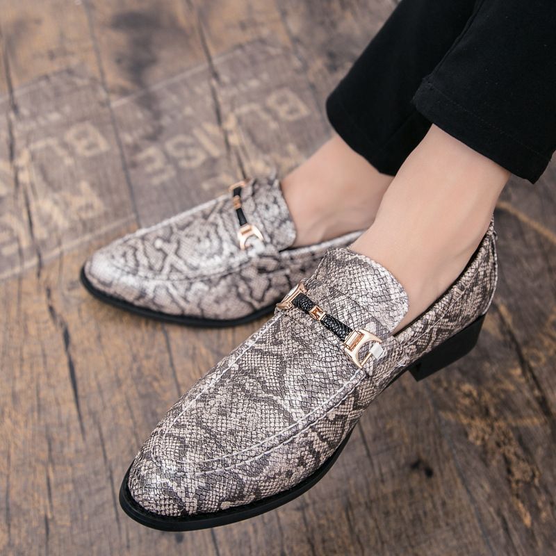 Suitable For All Seasons Hair Stylist Men With Suit Pants, Snake Pattern Pointed Toe Casual Nightclub Bar Slip-On Leather Shoes For Fashion Show_vogvips.com