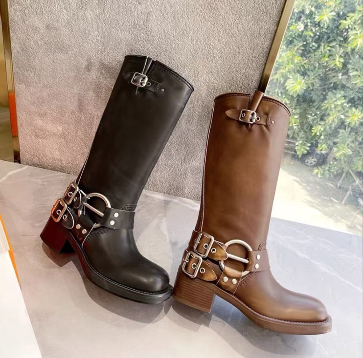 Leather Brown Thick Heeled Western Cowboy With Belt Buckle Not Over The Knee, Long Tube Miu Home Boots, Knight Boots_vogvips.com