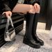 Women's Shoes Knee-High Boots With Hidden Wedge Heel, Stretchy Faux Leather Riding Boots For Autumn Winter, Slenderizing Round Toe Boots Side Zipper_vogvips.com