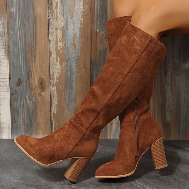 Women's Nude Ankle Boots New Chunky Plus Size High Heel Slimming Suede Women's Pointed Side Zipper Boots_vogvips.com