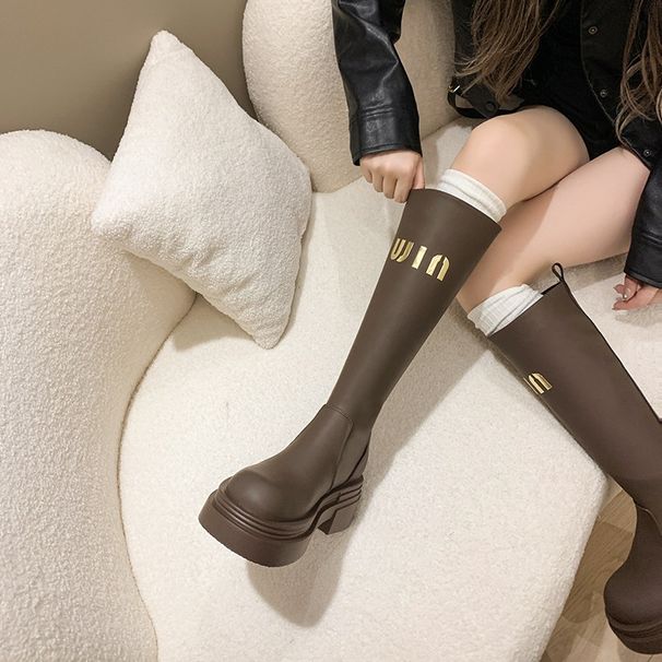 Women's Long 2025 Autumn Winter New Round Toe Thick Sole Chunky Heel Over-the-Knee Waterproof Platform Petite Slim Boots_vogvips.com