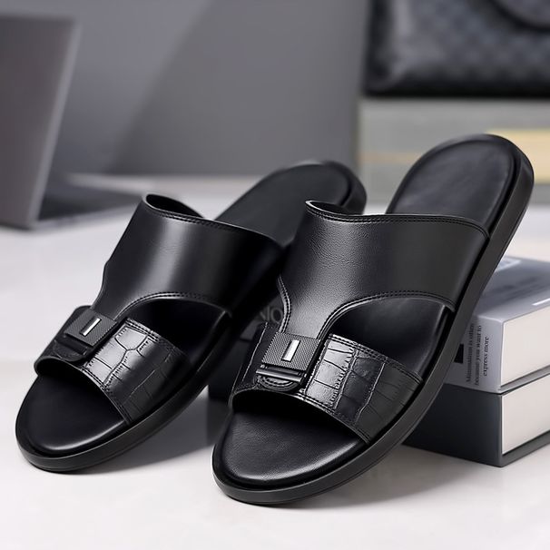 Summer 2025 Men's New Fashionable Trendy Leather One Word Anti Slip Sandals In Large Size_vogvips.com