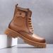 Men's Round Toe High Top Zippered Boots Yellow Genuine Leather Thick Soled Height Increasing British Style Workwear Motorcycle Boots_vogvips.com