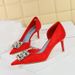 Women's shoes high heel hand scratch wrinkle cloth shallow mouth pointed side hollow rhinestone buckle single shoes_vogvips.com