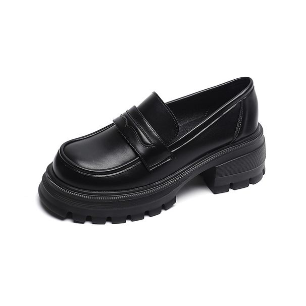 Black Small Leather Shoes Women's Platform One-pedal Retro Loafers British Style Work Shoes_vogvips.com