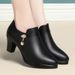Women's Chunky Heel Round Toe Slip-On Dress Shoes - Soft Leather Comfortable Flats With Side Zipper For Work & Daily Wear_vogvips.com