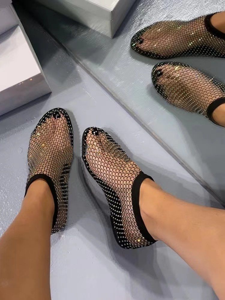 Women's Round Toe Sandals With Diamond Short Boots, Summer Sexy Large Size Flat Bottom Hollow Sandals For Women_vogvips.com
