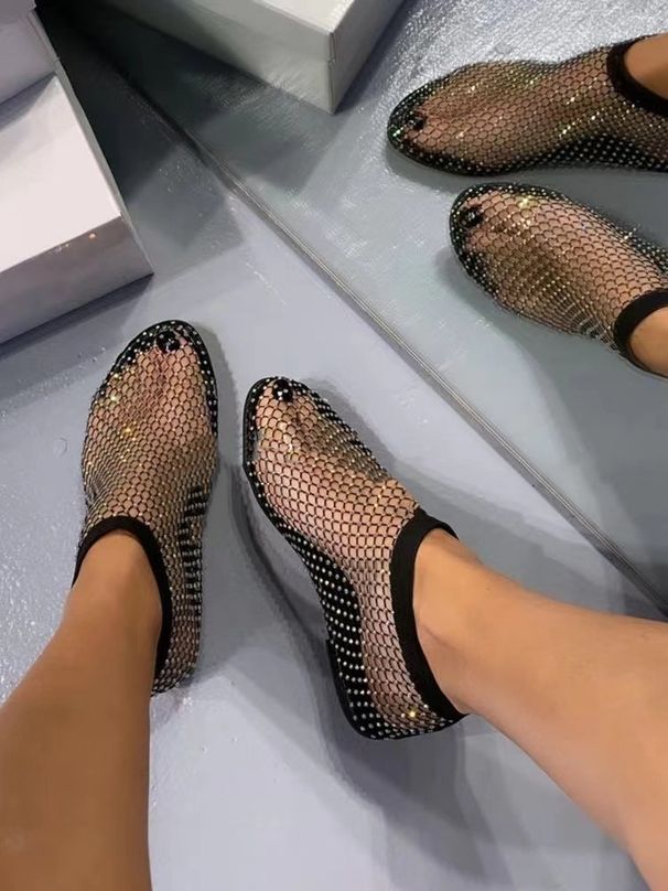 Women's Round Toe Sandals With Diamond Short Boots, Summer Sexy Large Size Flat Bottom Hollow Sandals For Women_vogvips.com