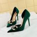 1363-K77 Banquet High Slim Heels Shallow Mouth Pointed Side Hollow Thickened Suede Diamond Buckle Bow Single Shoes_vogvips.com