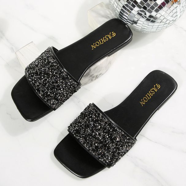 European And American Fashion Sequin Flat For Women, 2026 New Casual Versatile Square-toed Comfortable One-strap Beach_vogvips.com