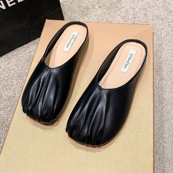 Korean-style Pleated Retro Half-slippers For Women, Spring And Summer Outdoor Closed-toe Flat Mules, 2025 New Model_vogvips.com