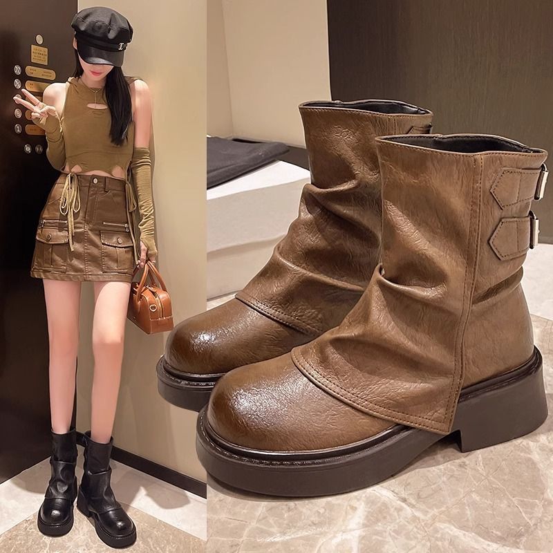 Vintage Western Big Toe Belt Buckle Martin 2025 Autumn New Thick Sole Height Increasing Short Boots For Petite Women_vogvips.com