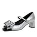 Women's shoes medium heel thick heel shallow mouth square splicing shoe head line with bow single shoes_vogvips.com