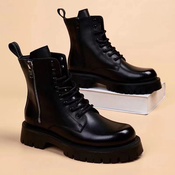 Genuine Leather Martin Boots Men's High-top Heightening Korean Version Leather Boots Trendy Men's Tooling Locomotive Boots_vogvips.com