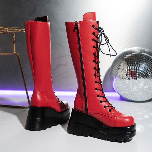 Wedge Side Zipper Gothic Style Thick-Soled Long Motorcycle Rider Over-the-Knee Plus Size Slimming High Boots_vogvips.com