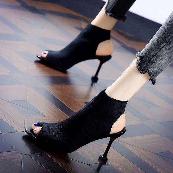 New Knitted Peep Shoes Open Toe European And American 2025 Summer Women's Stiletto Fashion Elastic Roman High Heel_vogvips.com