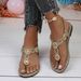 plus Size Rhinestone Chain Strap Open Toe Sandals For Women Flat Elastic Flip Flops Black Brown PU Upper Rubber Sole_vogvips.com