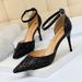 283-A1 Sexy Nightclub Women's Shoes High Shallow Mouth, Pointed Metal Thin Heels, One Line With Sequins, Hollow Sandals_vogvips.com