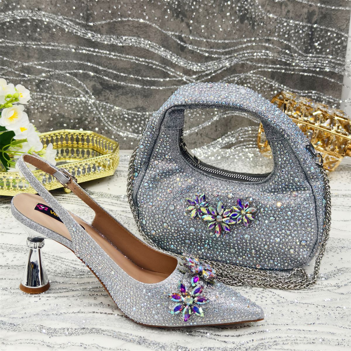 Women's Shoes And Bags Set Pointed High Heeled Sandals Diamond Shoes With Handbags (soft)_vogvips.com