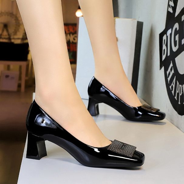 Women's Shoes Thick Heel Shallow Mouth Square Head Patent Leather Metal Buckle Middle Heel Single Shoes Women's Shoes_vogvips.com