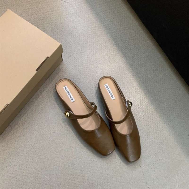 European And American Style Half For Women 2025 Retro Small Square Toe Flat Closed-Toe Slippers Fashionable Outdoor Lazy_vogvips.com