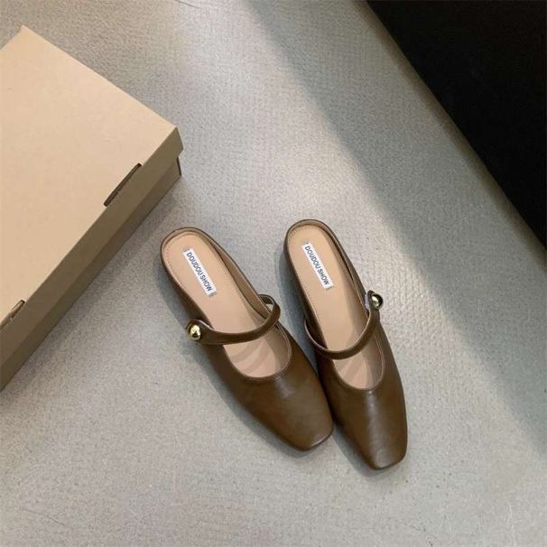 European And American Style Half For Women 2025 Retro Small Square Toe Flat Closed-Toe Slippers Fashionable Outdoor Lazy_vogvips.com