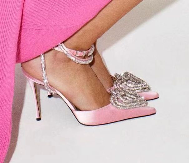 Women's Shoes Set Heart Shaped Rhinestone Sandals Versatile Sexy Stilettos One Line Strap Pointed High Heels_vogvips.com