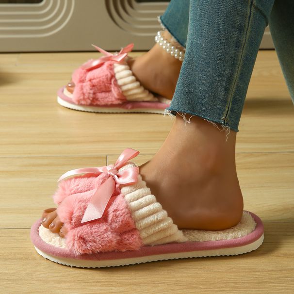 Foreign Trade Home Slippers Flat-bottomed Slippers Women's Outer Wear Bow Cotton Slippers Outer Wear Trend Non-slip Slippers_vogvips.com