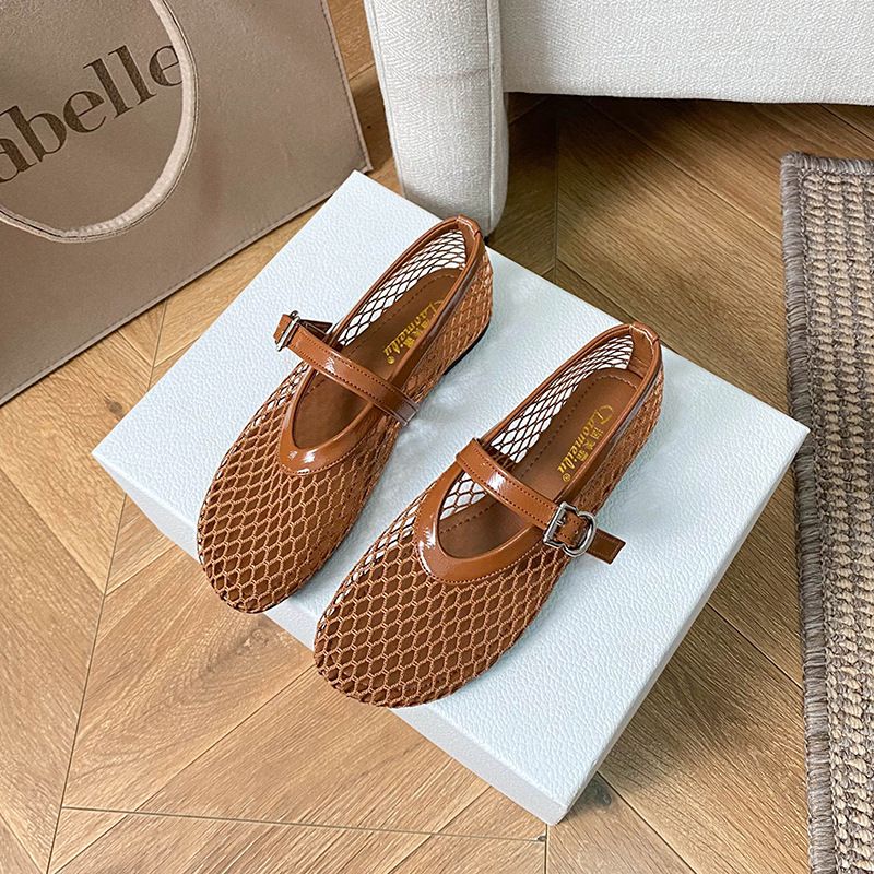 Summer New Style Women's Flat Soled Sandals Hollow Out Fishnet Mary Jane Single Shoes Mesh Ballet Shoes_vogvips.com