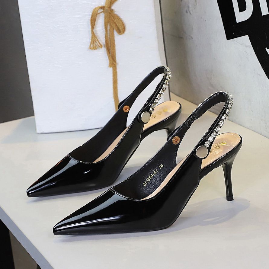 1859-AK201 European And American Style Patent Leather Shallow Pointed Toe Fashion Rhinestone Back Strap High Heel_vogvips.com