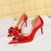 638-AH35 Fashionable Banquet Women's With High Heels, Shallow Mouth, Pointed Toe, Lacquer Leather Side Air, Diamond Bow_vogvips.com