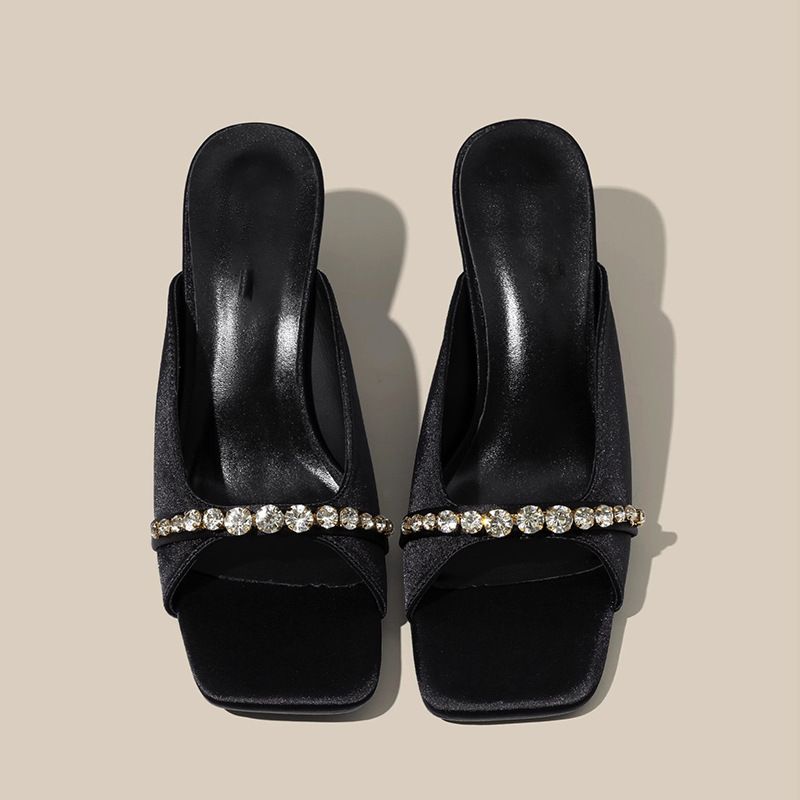 Springnew Arrival Little Mom Sense Rhinestone Outwear Sandals Women's Silks And Satins Square Toe High Heel Sandals Open Toe Stiletto Heel_vogvips.com