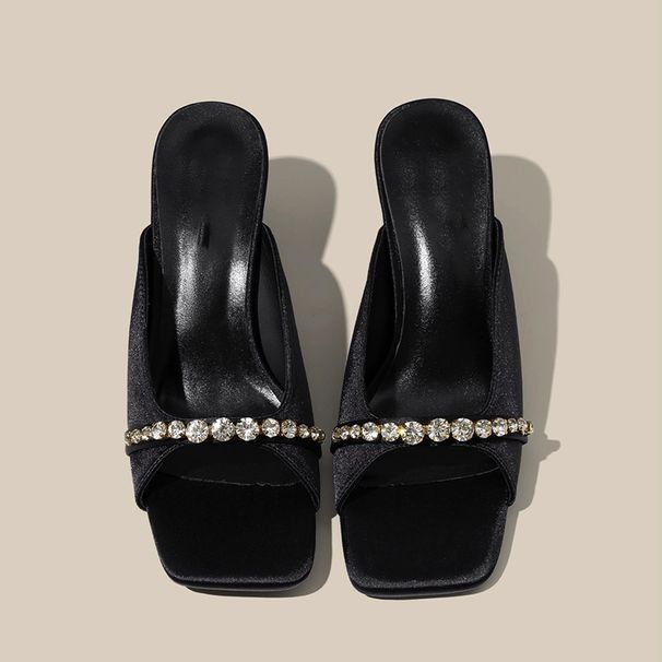 Springnew Arrival Little Mom Sense Rhinestone Outwear Sandals Women's Silks And Satins Square Toe High Heel Sandals Open Toe Stiletto Heel_vogvips.com