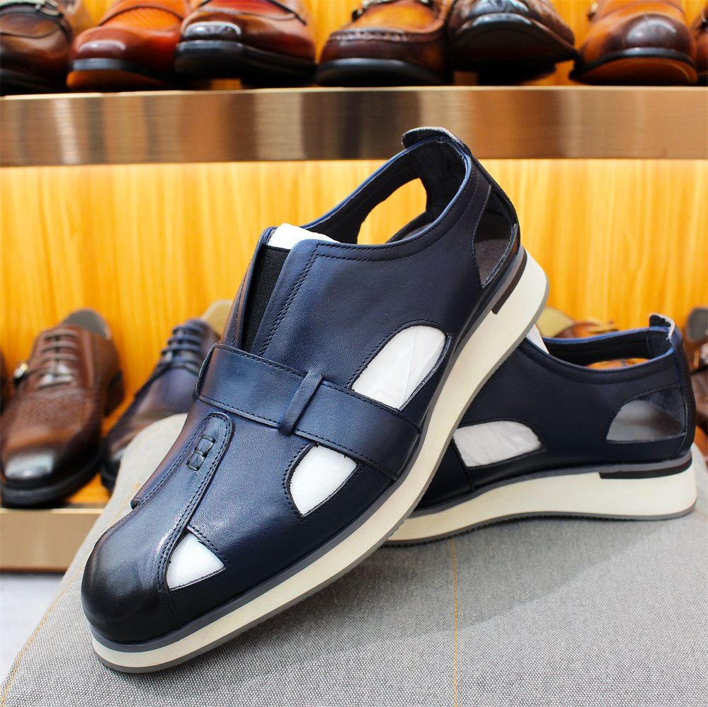 Men's Shoes Large Size Cowhide Retro Men's Sandals With Closed Toe Flat Bottom Hollow Hole Shoes_vogvips.com