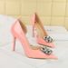 Women's Shoes Super High Heel Fine Heel Patent Leather Shallow Mouth Pointed Head Square Rhinestone Buckle Single Shoes Women_vogvips.com