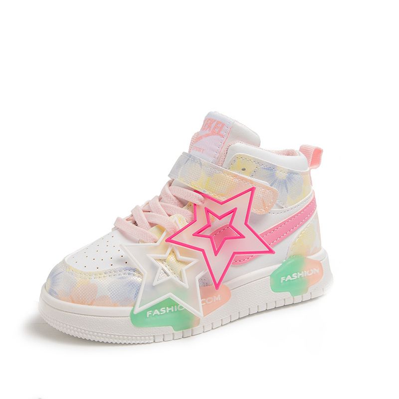 Girls' High-Top Sneakers With Star & Tassel Design, PU Upper, Non-Slip Rubber Sole, Lightweight Casual Shoes For Kids (Pink/Purple, Sizes 26-37)_vogvips.com