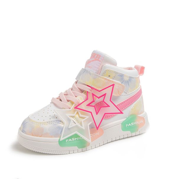 Girls' High-Top Sneakers With Star & Tassel Design, PU Upper, Non-Slip Rubber Sole, Lightweight Casual Shoes For Kids (Pink/Purple, Sizes 26-37)_vogvips.com