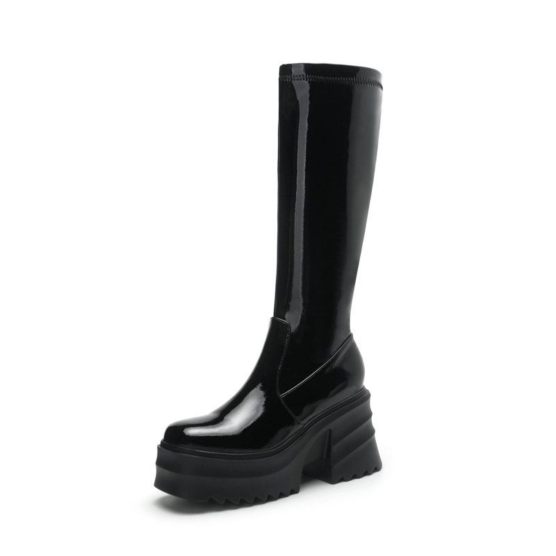 Elastic Slim Square Toe Platform Thick Sole Chunky Heel Side Zipper Over-the-Knee Long Patent Leather Red High Boots_vogvips.com
