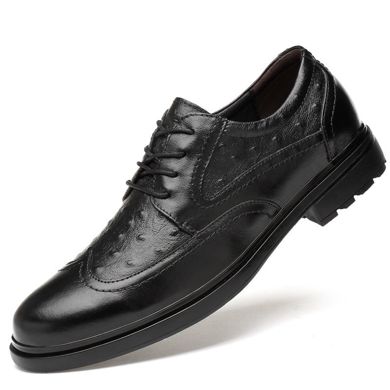 Euro Step Business Formal Casual Leather Men's Wedding Top Layer Cowhide Lace-up Crocodile Brogue Carved Height-increasing Shoes_vogvips.com