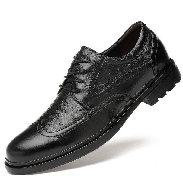 Euro Step Business Formal Casual Leather Men's Wedding Top Layer Cowhide Lace-up Crocodile Brogue Carved Height-increasing Shoes_vogvips.com