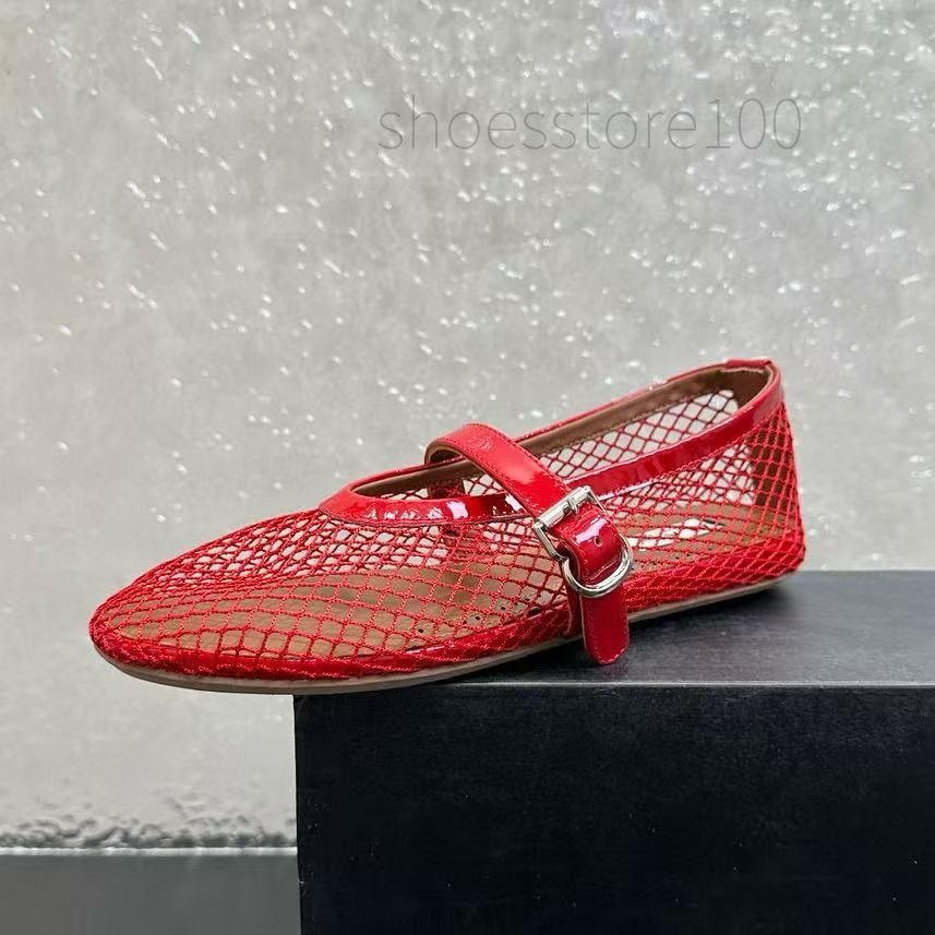 Top Luxury Mesh Ballet Flats Ballerina Mary Jane Shoe Cut Outs Pearl Button Buckle Strap Dress Real Leather Round Toe_vogvips.com