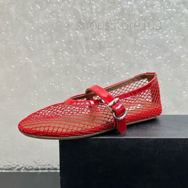 Top Luxury Mesh Ballet Flats Ballerina Mary Jane Shoe Cut Outs Pearl Button Buckle Strap Dress Real Leather Round Toe_vogvips.com
