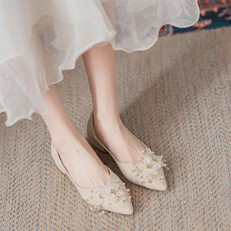 327-55 New Glitter Fairy Bridesmaid Boat Pointed Toe Wedding Heel Bride Flat Single Shoes Women_vogvips.com