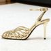 Sexy Gold Hollow Narrow Band High Sandal Women Fashion Ankle Strap Buckle Thin Heel Designer Elegant Dinner Dress Shoe_vogvips.com