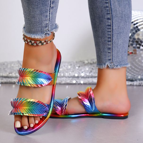 Summer New Flat Sandals For Women, Fashion Iridescent Gradient One-Strap Sandals, Internet-Famous Versatile Beach Shoes_vogvips.com