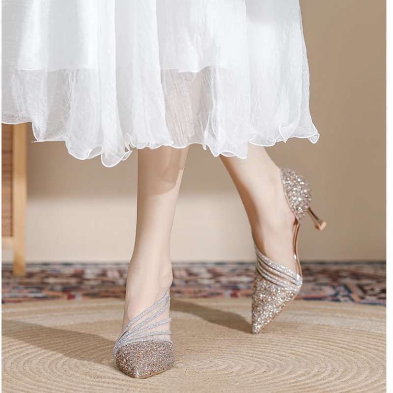 High Heels For Women Champagne Color Rhinestone Stiletto 2025 New Wedding Bride Shoes Sexy Shallow Mouth Elegant Pointed_vogvips.com