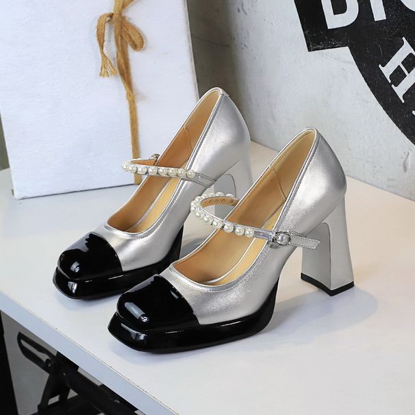 Women's Elegant Mary Jane Chunky Heel Shoes – Two-Tone Patent Leather With Pearl Accents & Platform For Parties & Evening Wear_vogvips.com