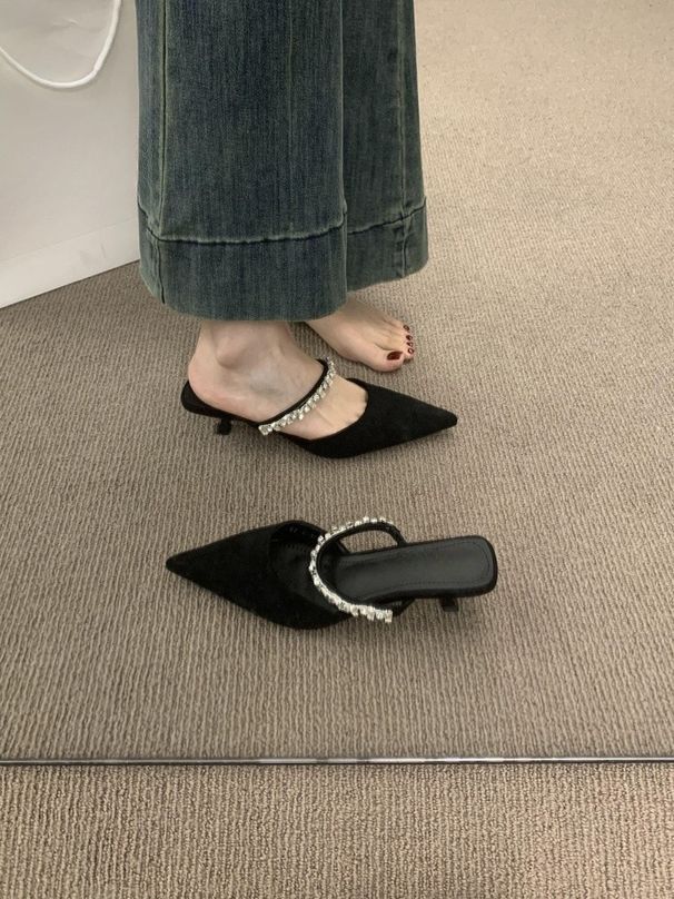 French Style High-End Rhinestone One-Strap Closed-Toe For Women, 2025 New Pointed Toe High Heel Mules_vogvips.com