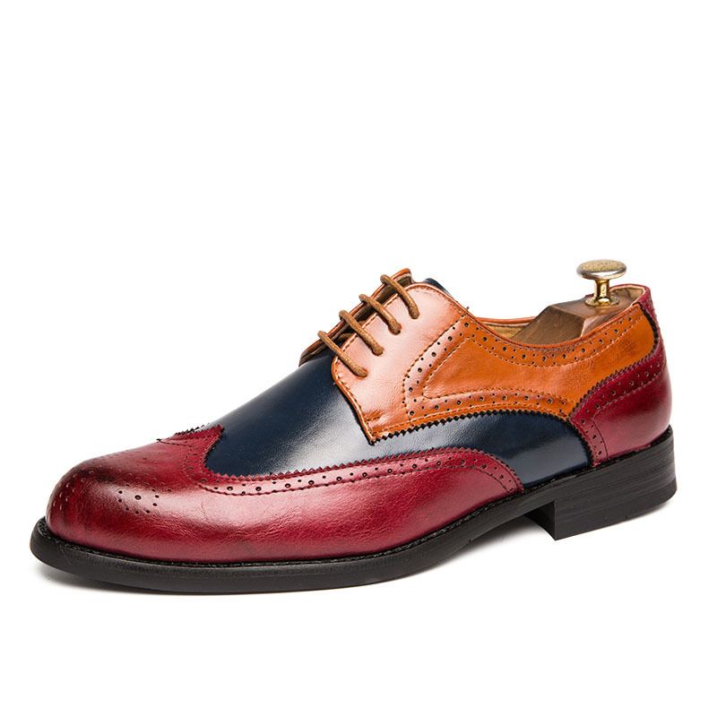 New Block Color Matching Large Size Leather Shoes Men's Fashion Trend Pattern Formal Leather Shoes_vogvips.com
